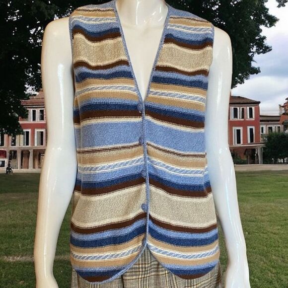 Vintage Sweater Vest Academia Blue Stripe Button Up Sweater Knit Vest Size L - Picture 2 of 8